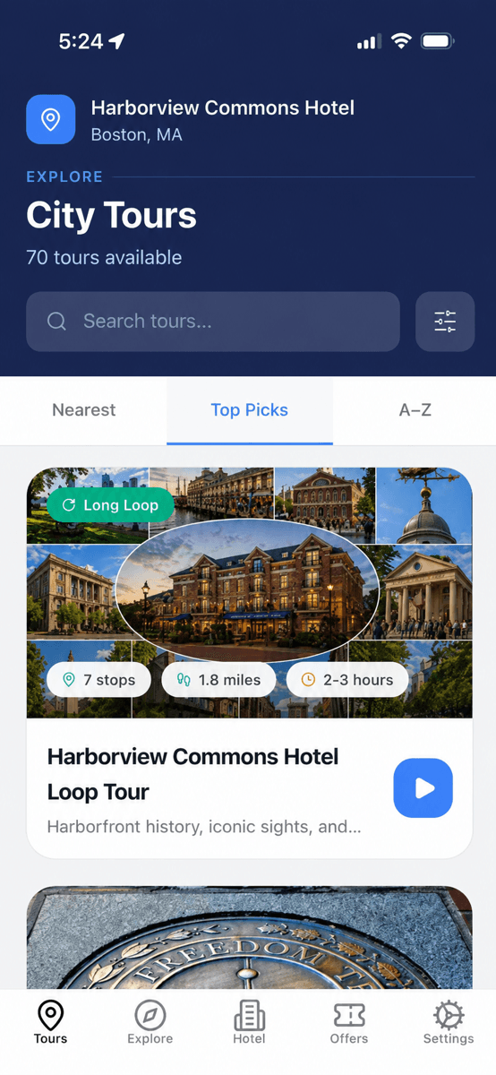 The Destination Tours app showing a city’s walking tours with the hotel’s top picks